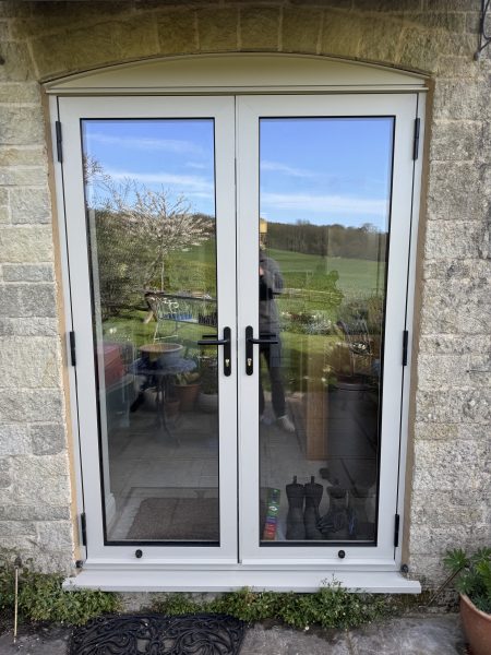 Agate grey flush casement French doors installation in Dorset by Goldhill Glazing