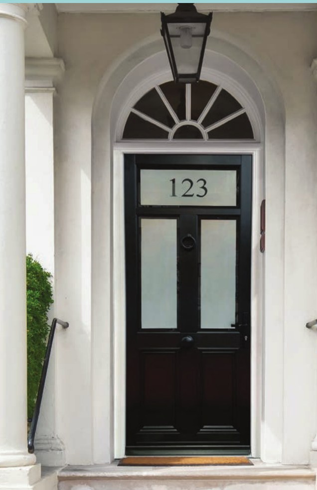 R9 entrance door in No.10 Black with etched house number glass, a timber-look front door