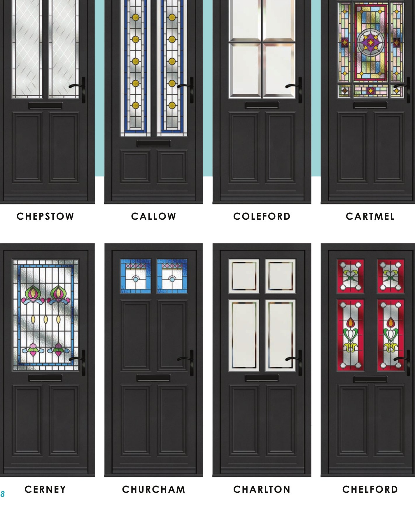 R9 entrance door styles with decorative leaded, stained and bevelled glass